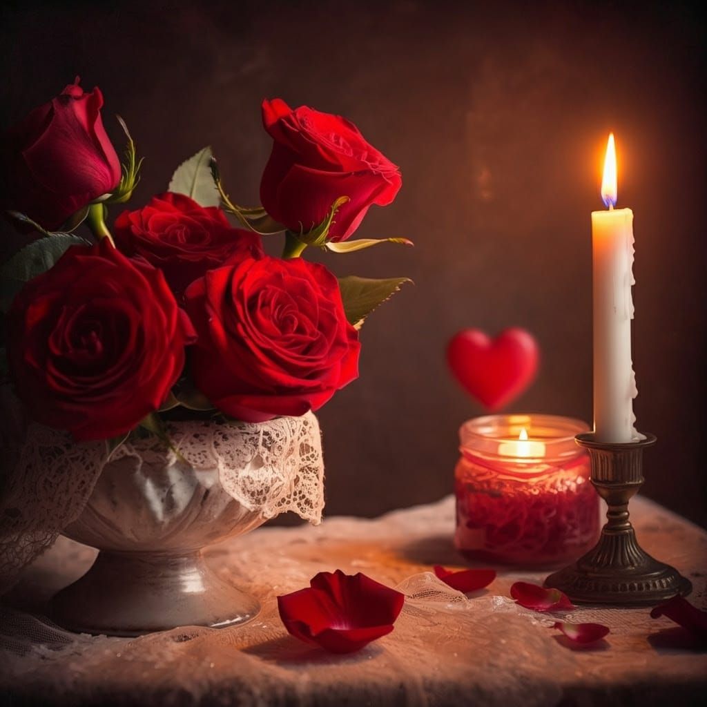Romantic Impressionist Scene of Intertwined Roses and Candle...