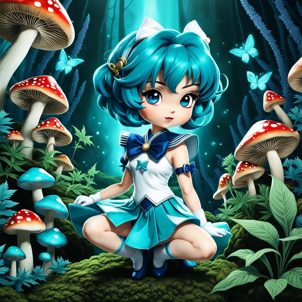 Chibi Sailor Mercury with Mushrooms and Teal Accents