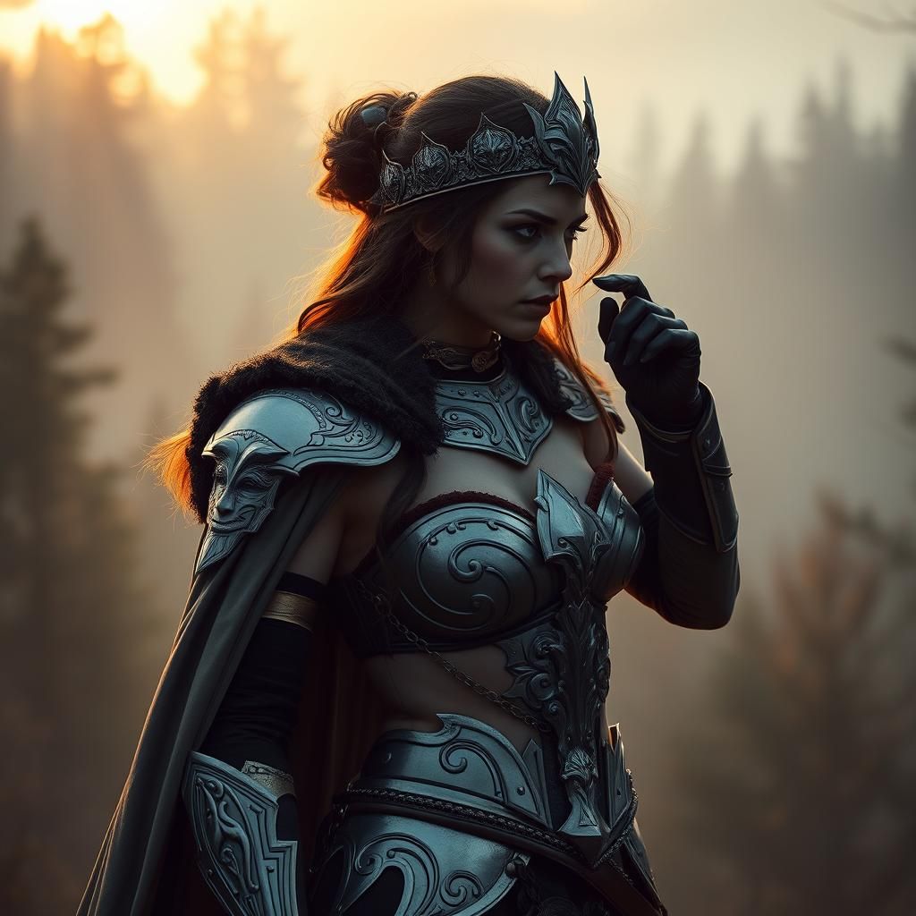Regal Hunter Queen in Misty Forest, Cinematic Style