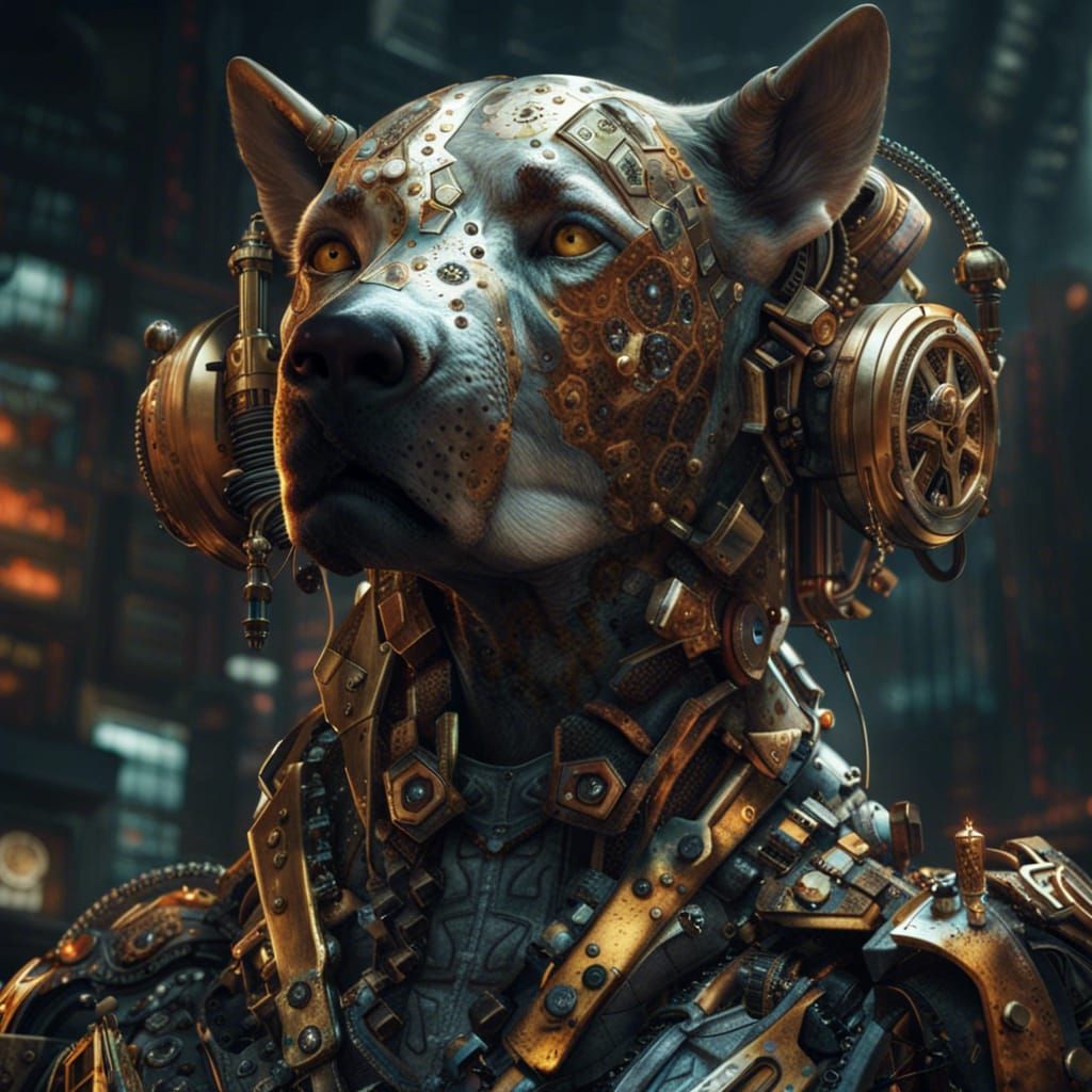 Golden Clockwork Dog Portrait in Sci-Fi Style