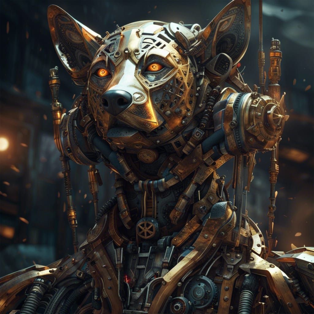 Golden Clockwork Dog Portrait in Sci-Fi Style