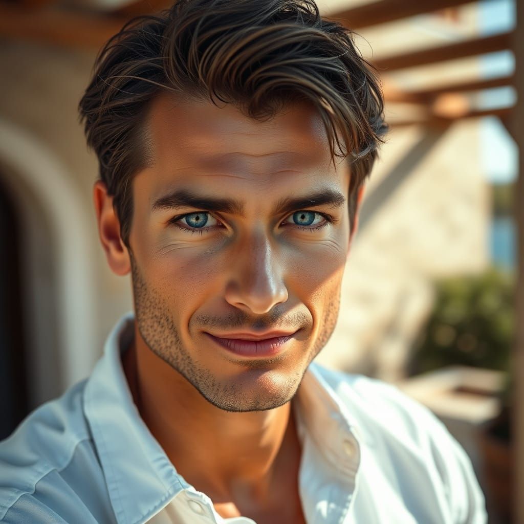 Handsome Man with Blue Eyes in Sun-Drenched Villa