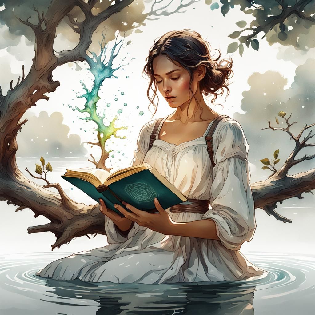 Girl Reading Book in Watercolour Splash Art Style