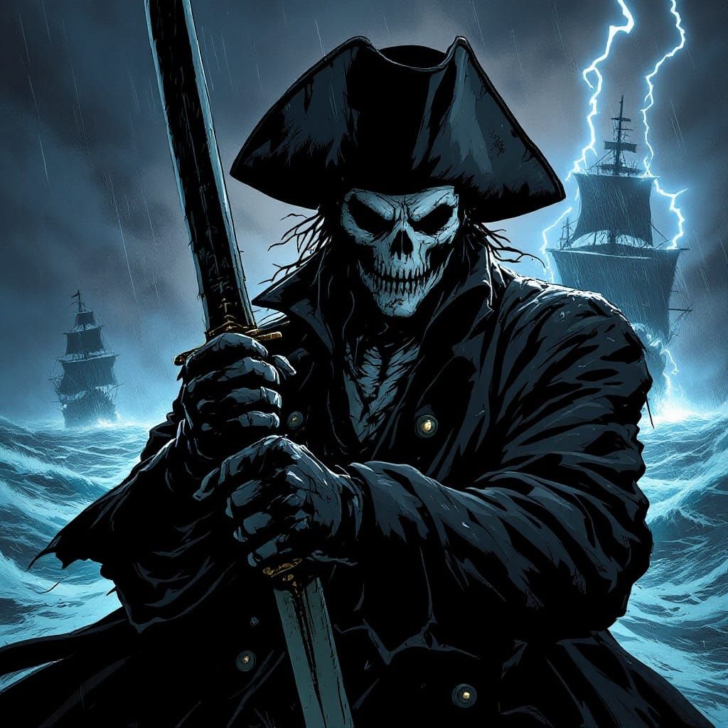 Gritty Gothic Pirate in Stormy Seascape