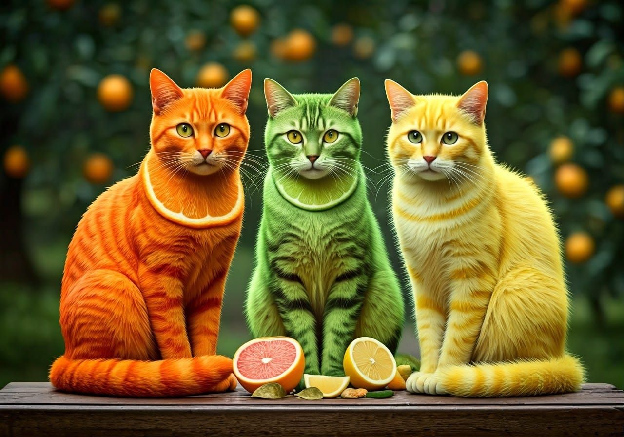 Fanciful Citrus Cats in Vibrant Colors