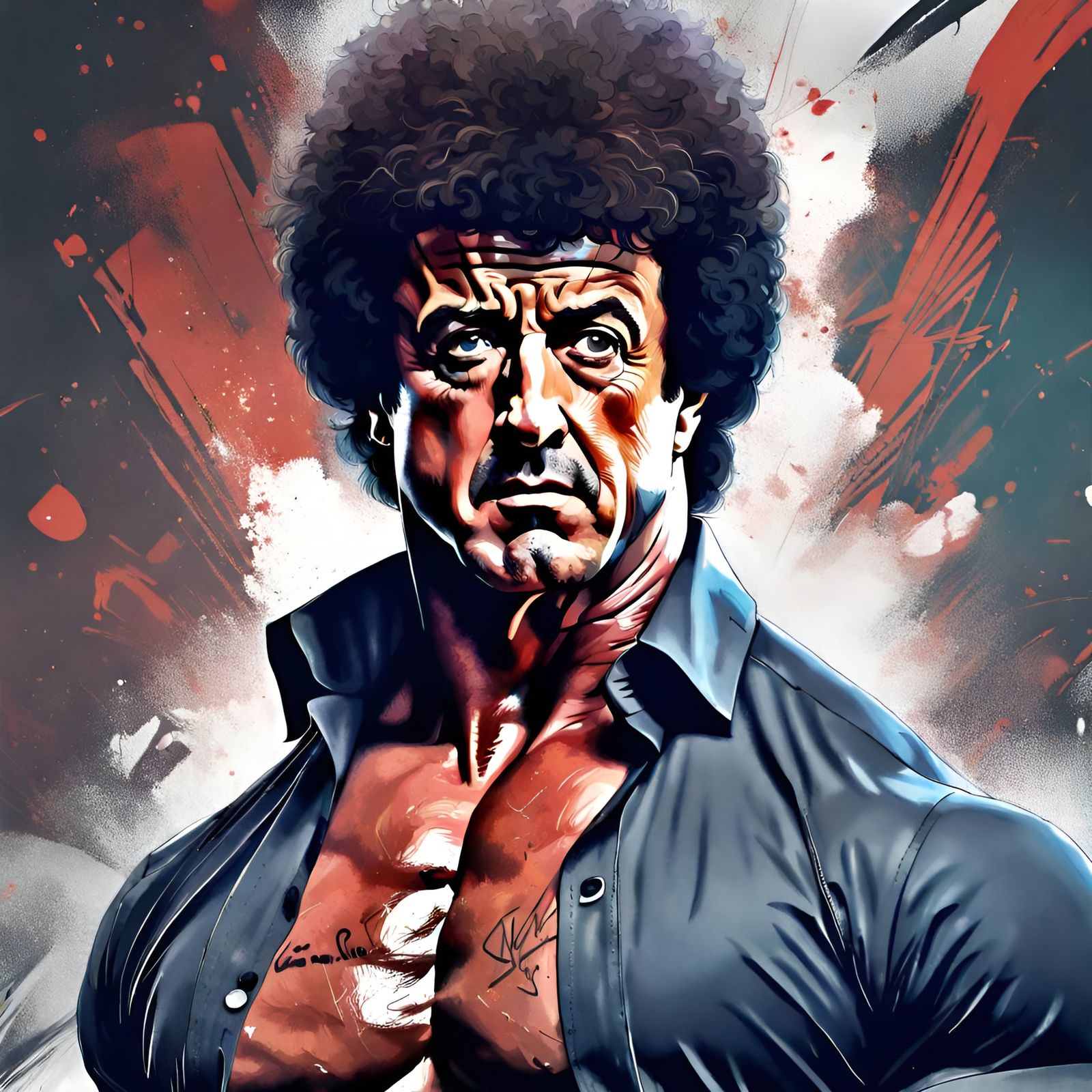 Sylvester Stallone Portrait with Afro, Digital Illustration