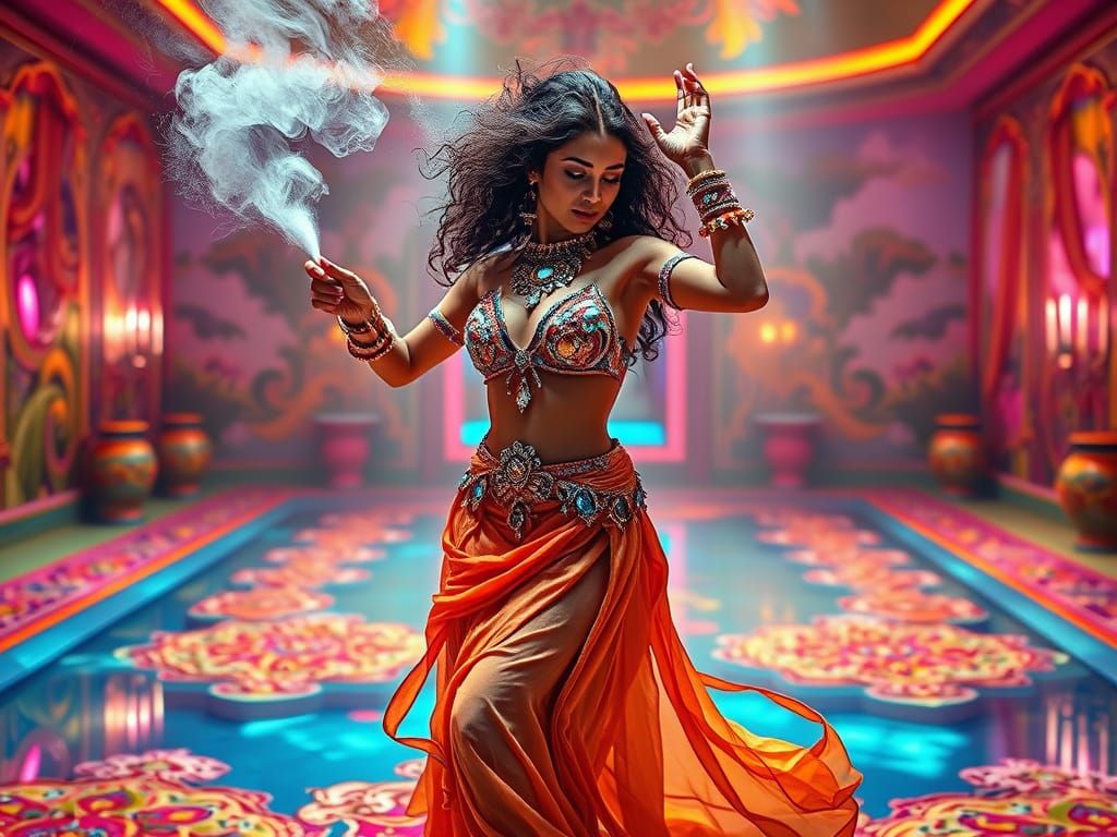 Ecstatic Arabian Dancer Sprays Perfume in Neon Style
