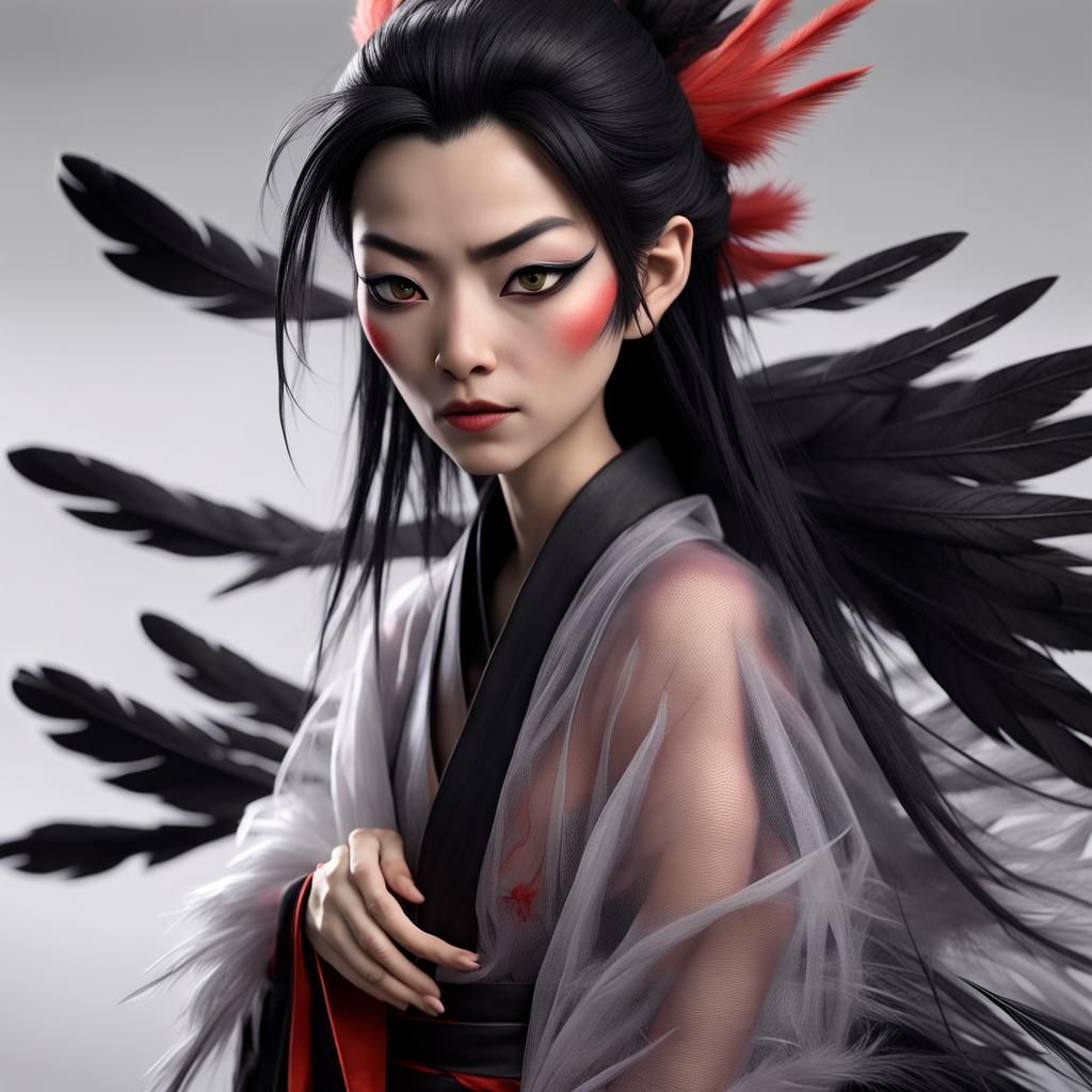 Realistic CGI, Pixar, Female Japanese Tengu, a woman with black hair made up of very fine feathers.
She is tricksters an...