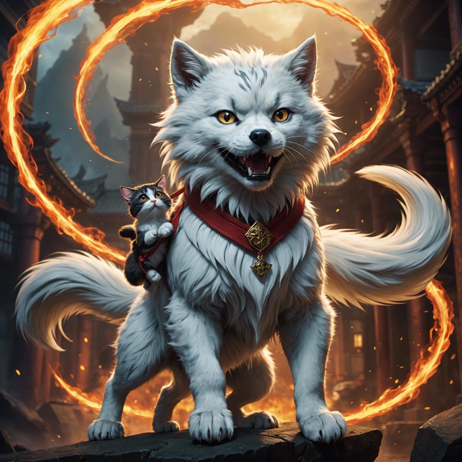 Demon Dog-Cat Creature with Three Tails