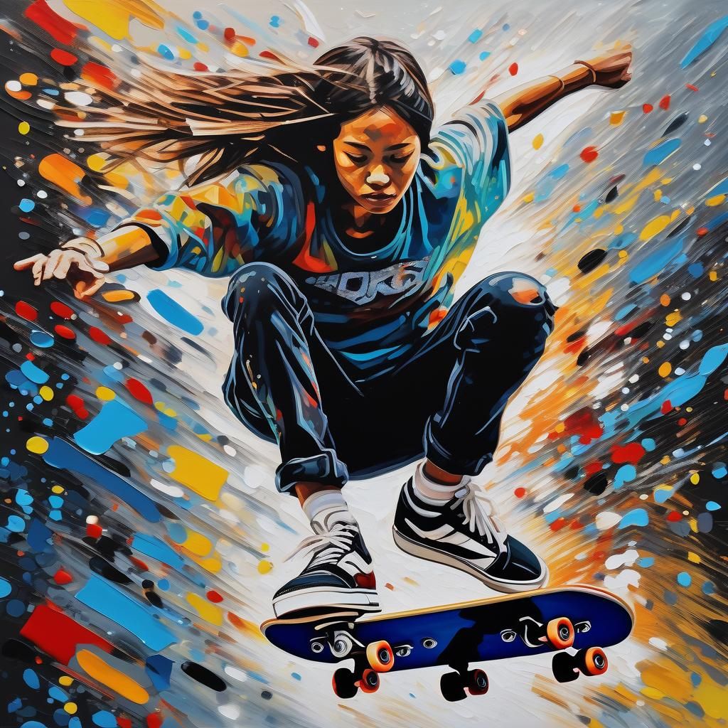 Woman Skateboarder Kickflip in 3D Digital Art