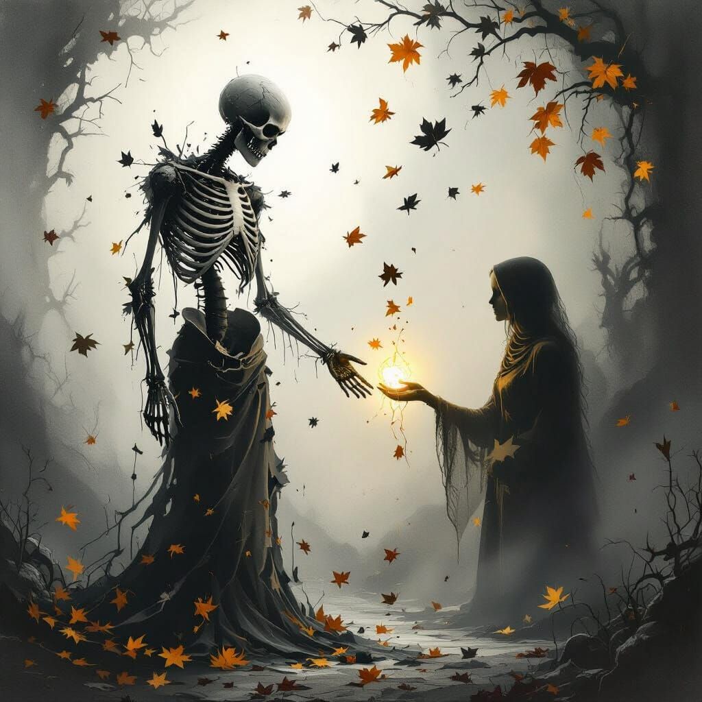 Skeletal Figure Embraces Hope as Light Offers Healing