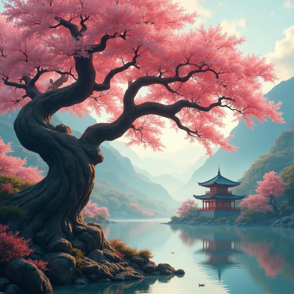 Sakura Tree by Lake with Japanese Temples