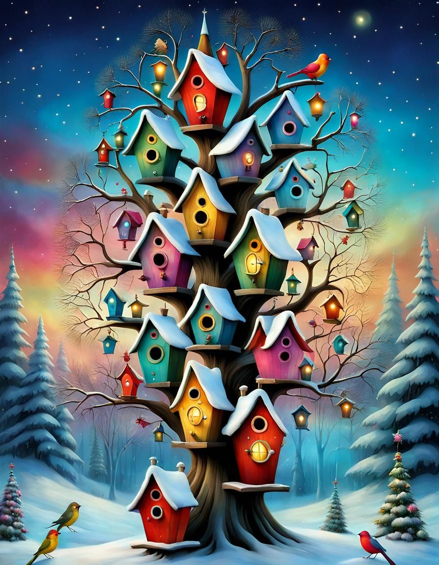 Whimsical Christmas Tree with Birdhouses