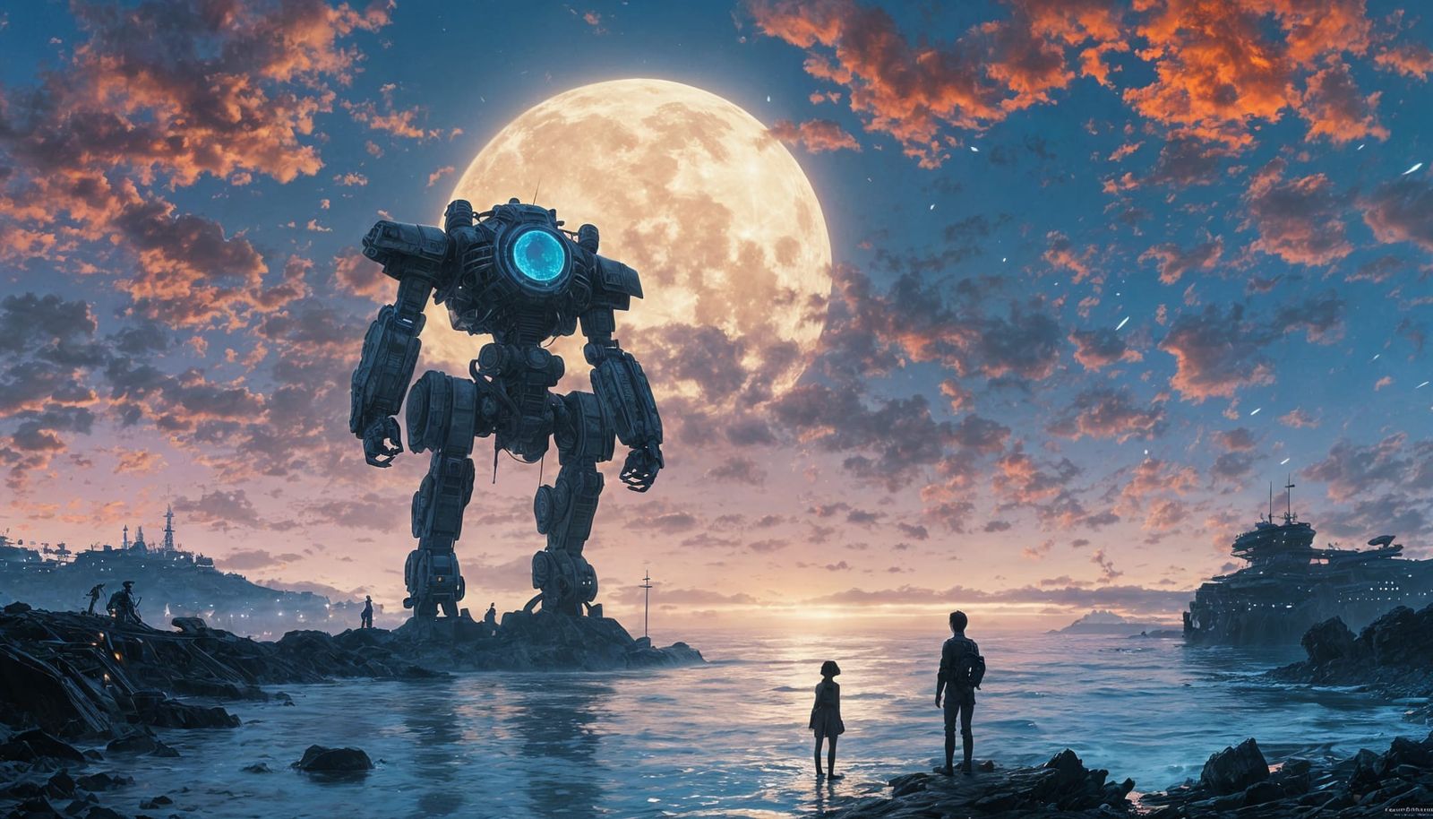 Futuristic Mech Silhouette on Dreamy Moonlit Seascape