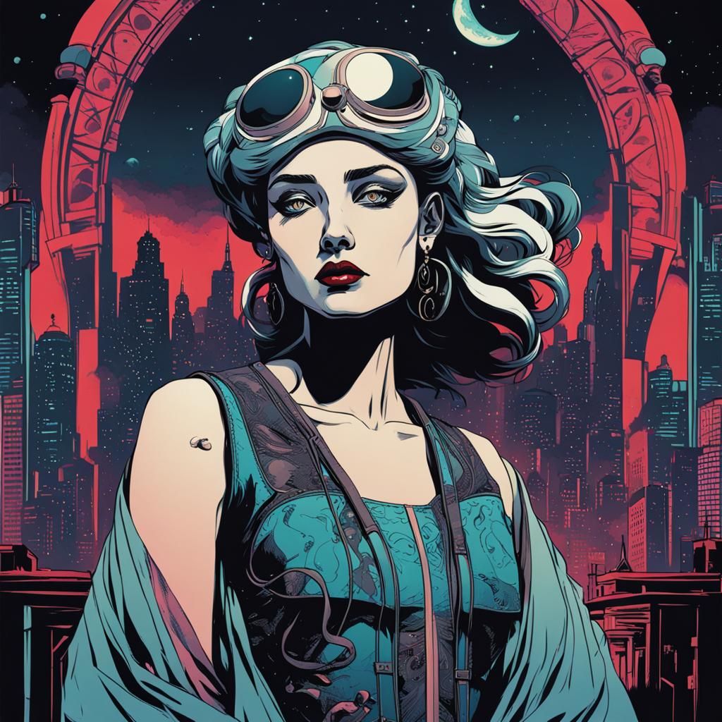 Cyberpunk Goddess in Art Nouveau Comic Style