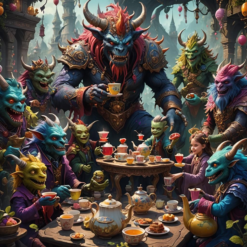 Vibrant Fantasy Monsters Tea Party: Detailed Matte Painting