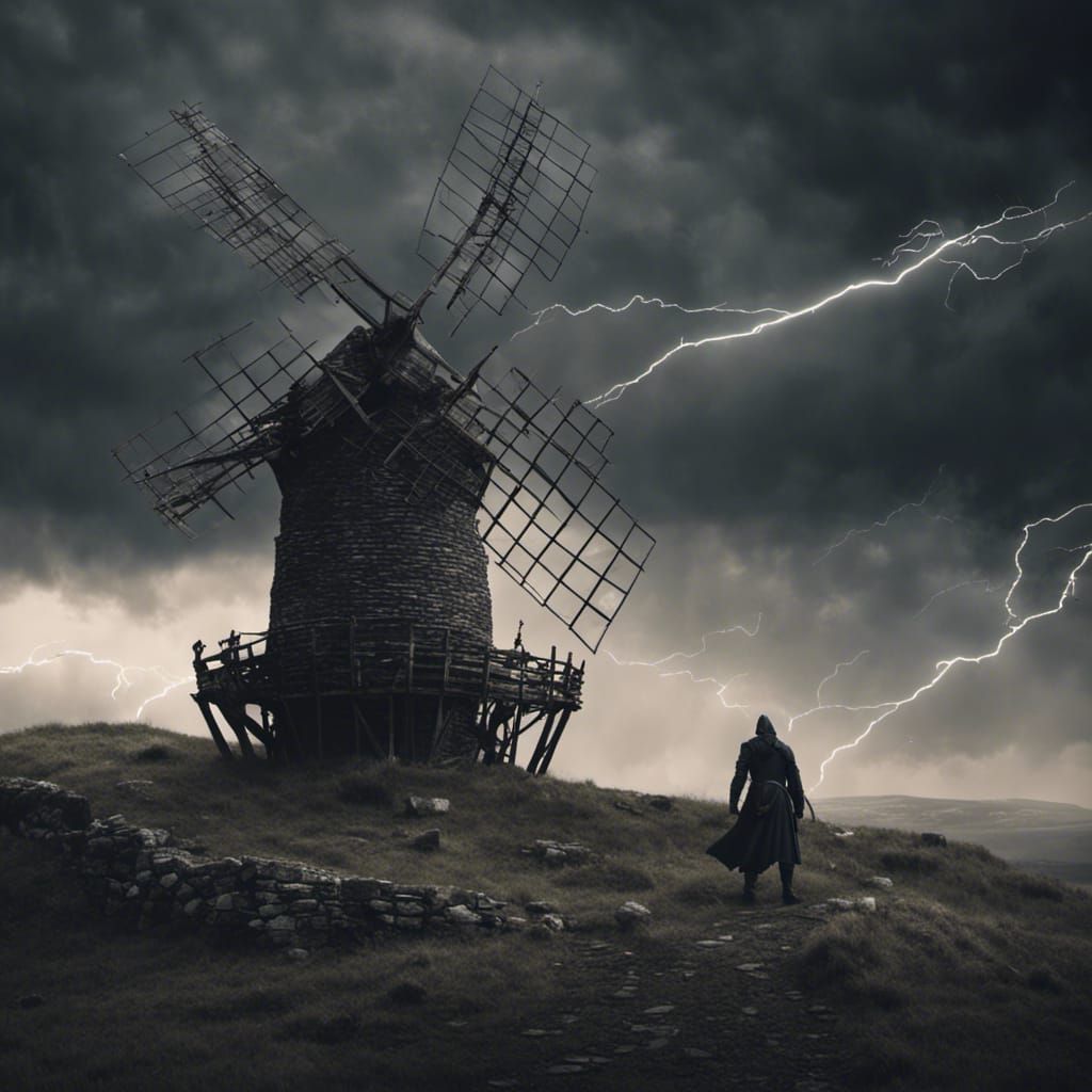 Medieval Knight Confronts Windmill in Apocalyptic Storm