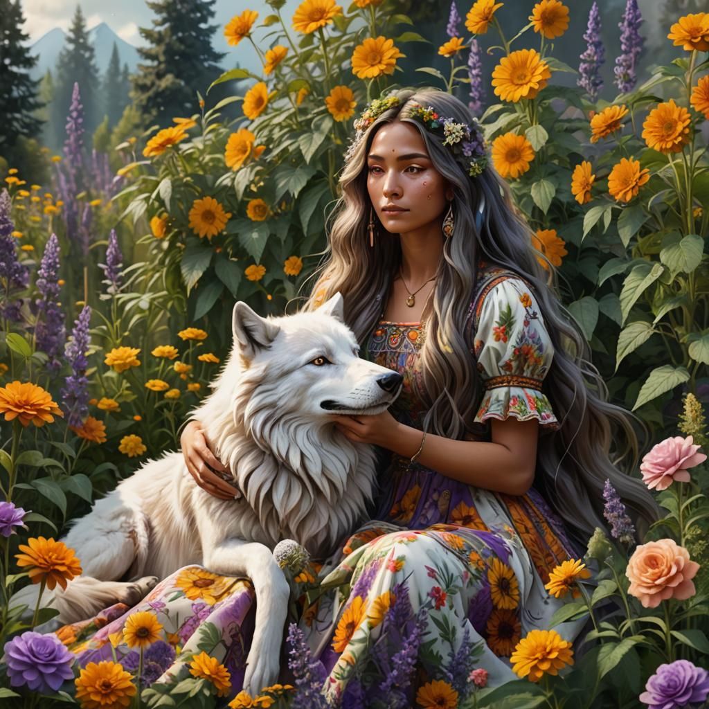 Ethereal Woman with Wolf in Fantasy Garden