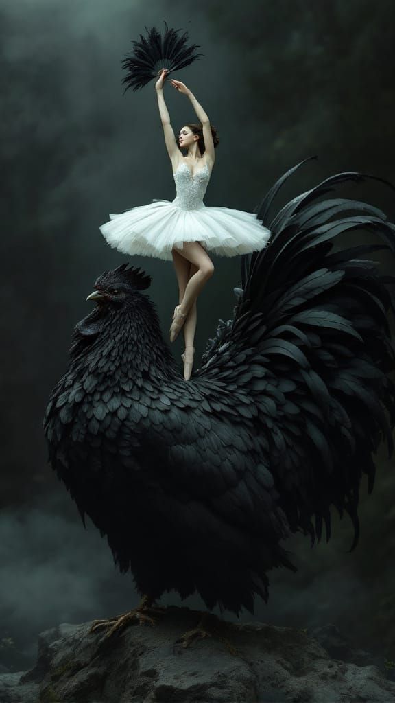 Ballerina Balances on Majestic Black Rooster