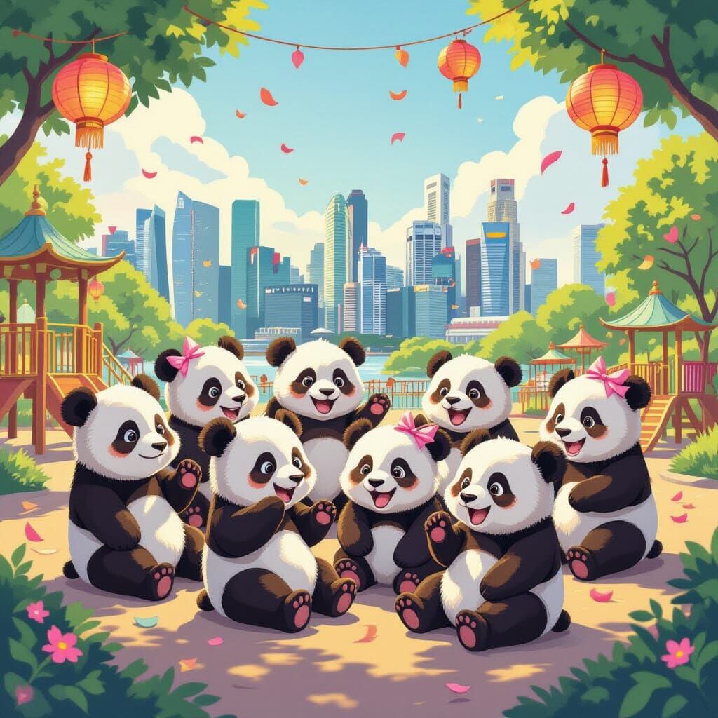 Baby Pandas Play in Singapore Playground During Lantern Fest...