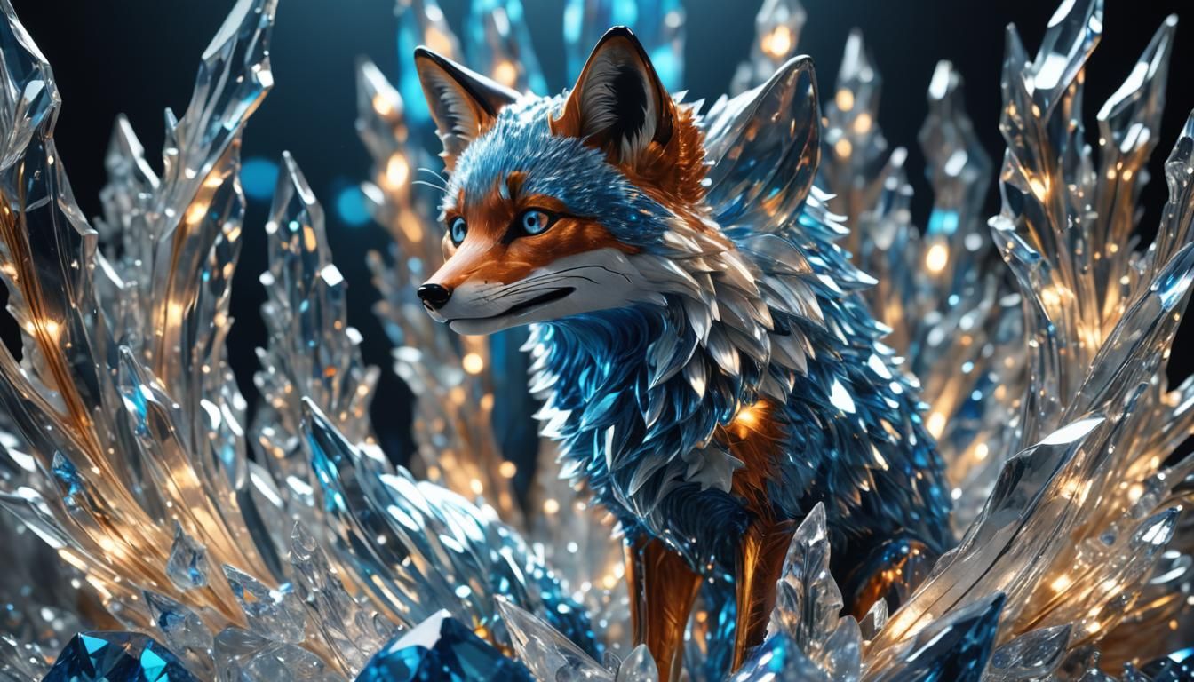 Metallic Fox on Crystal Sculpture: 3D Render