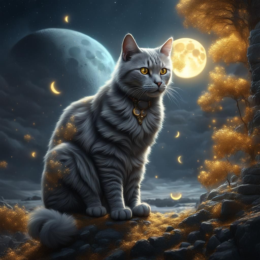 Grey and Gold Cat in Moon Light
