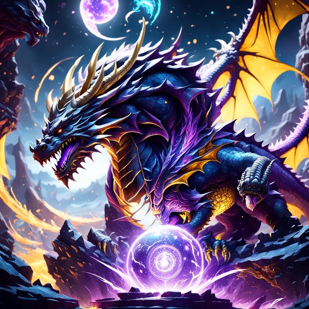 Dragon and Wolf in Cosmic Balance: Dark Fantasy Art