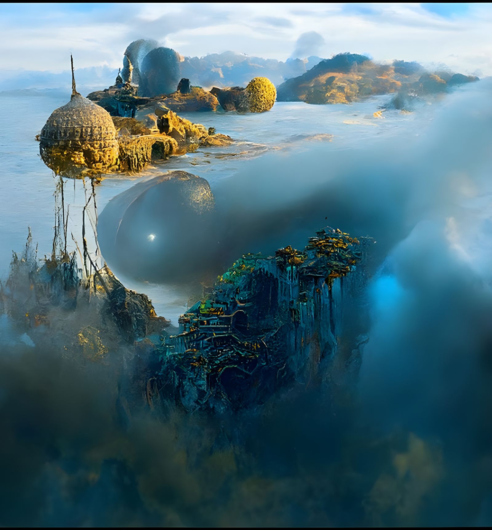 Idyllic Floating Island in Retrofuturistic Style