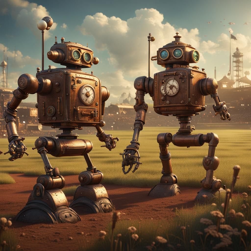 Steampunk Robots Play Baseball on Old-Fashioned Field