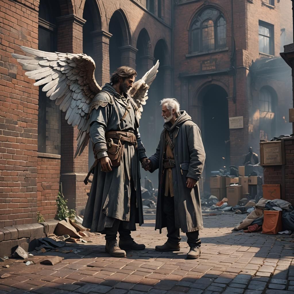 Guardian Angel Meets Homeless Man: Detailed Matte Painting