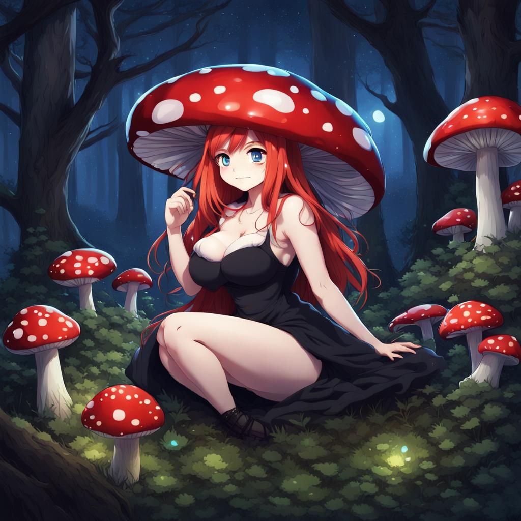 Anime Mushroom Woman in Magic Forest
