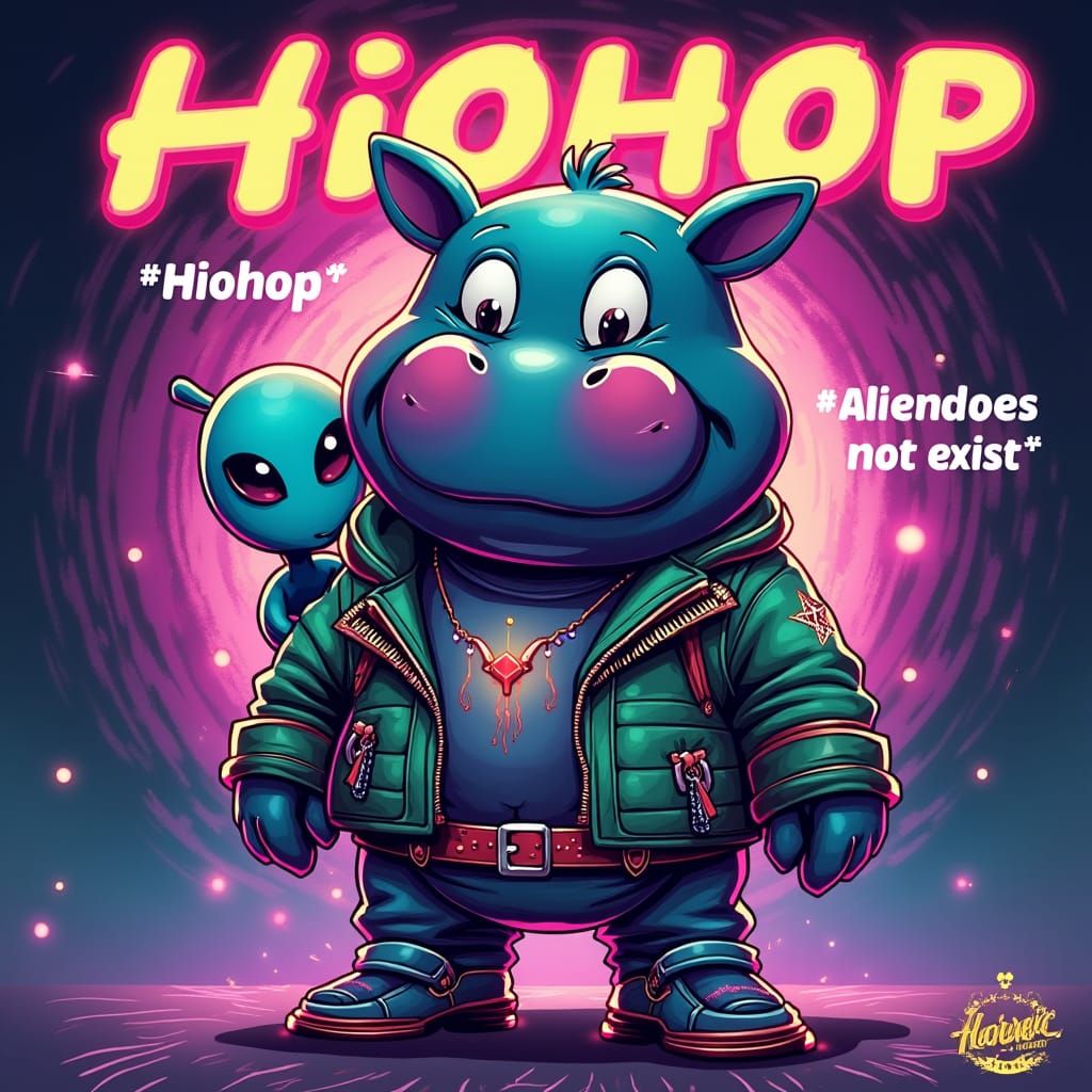 Hippo Mascot in Futuristic Neon Poster Art