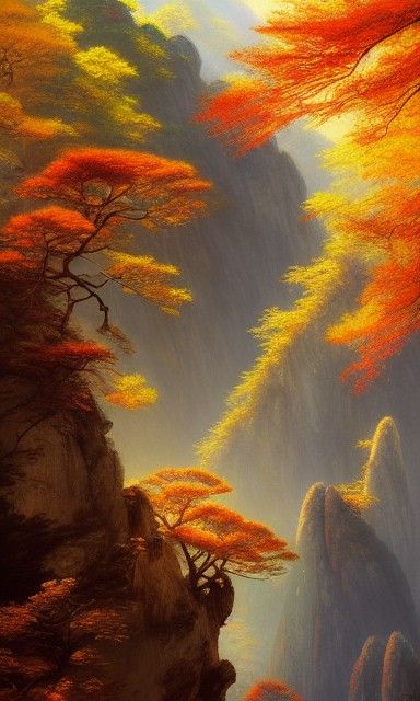 Huangshan Mountain Temples at Golden Hour: Digital Art