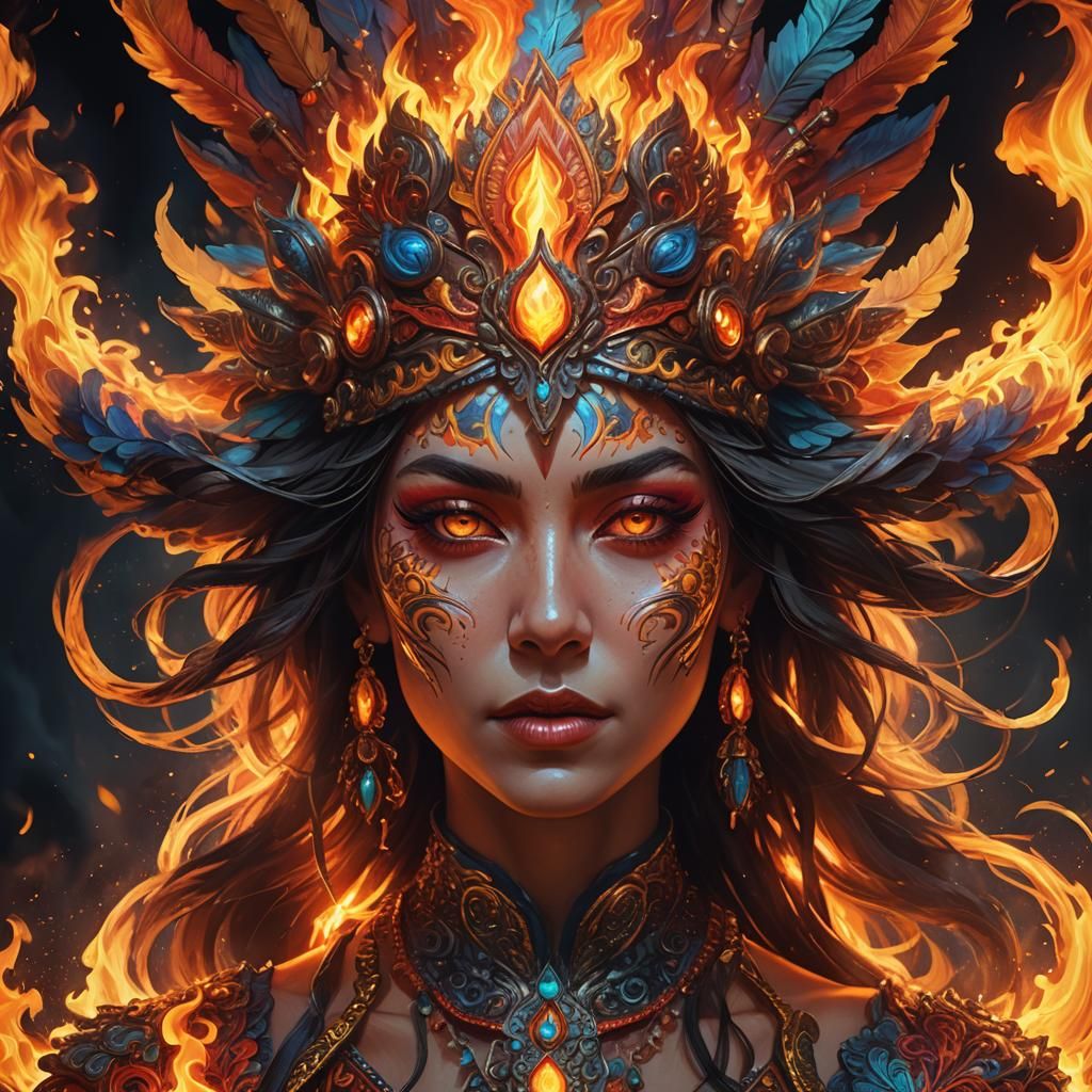 Fire Breathing Woman in Ornate Headdress