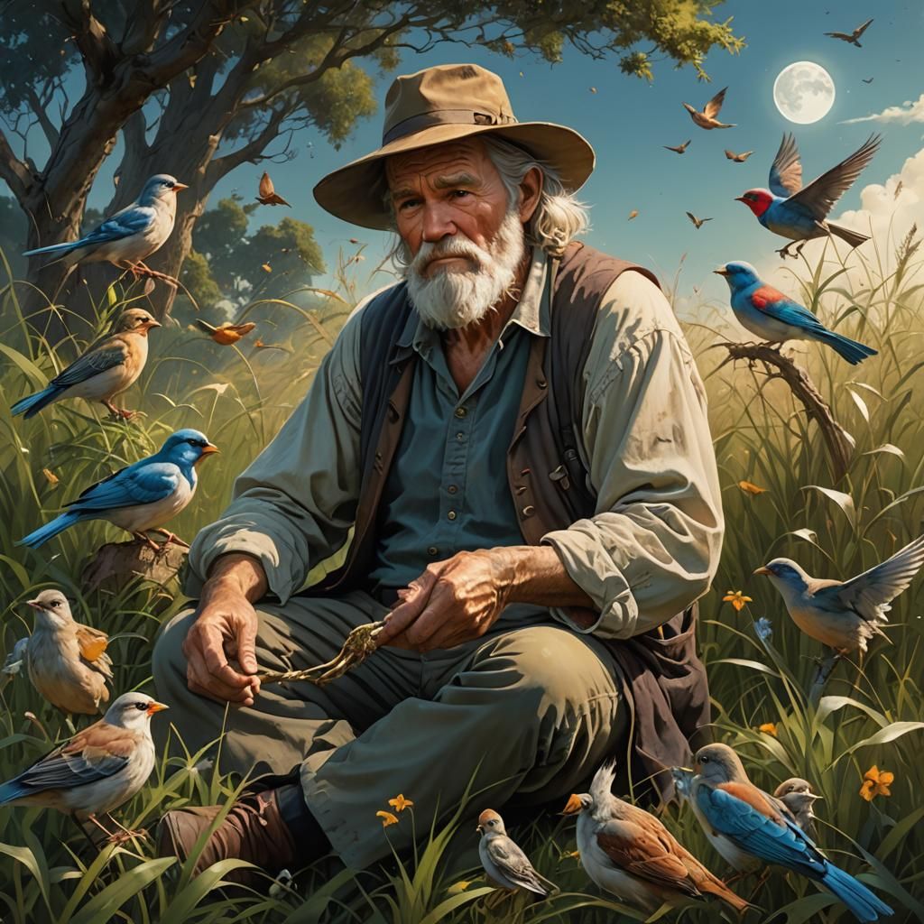 Old Man Feeding Birds: Realistic Anime Style