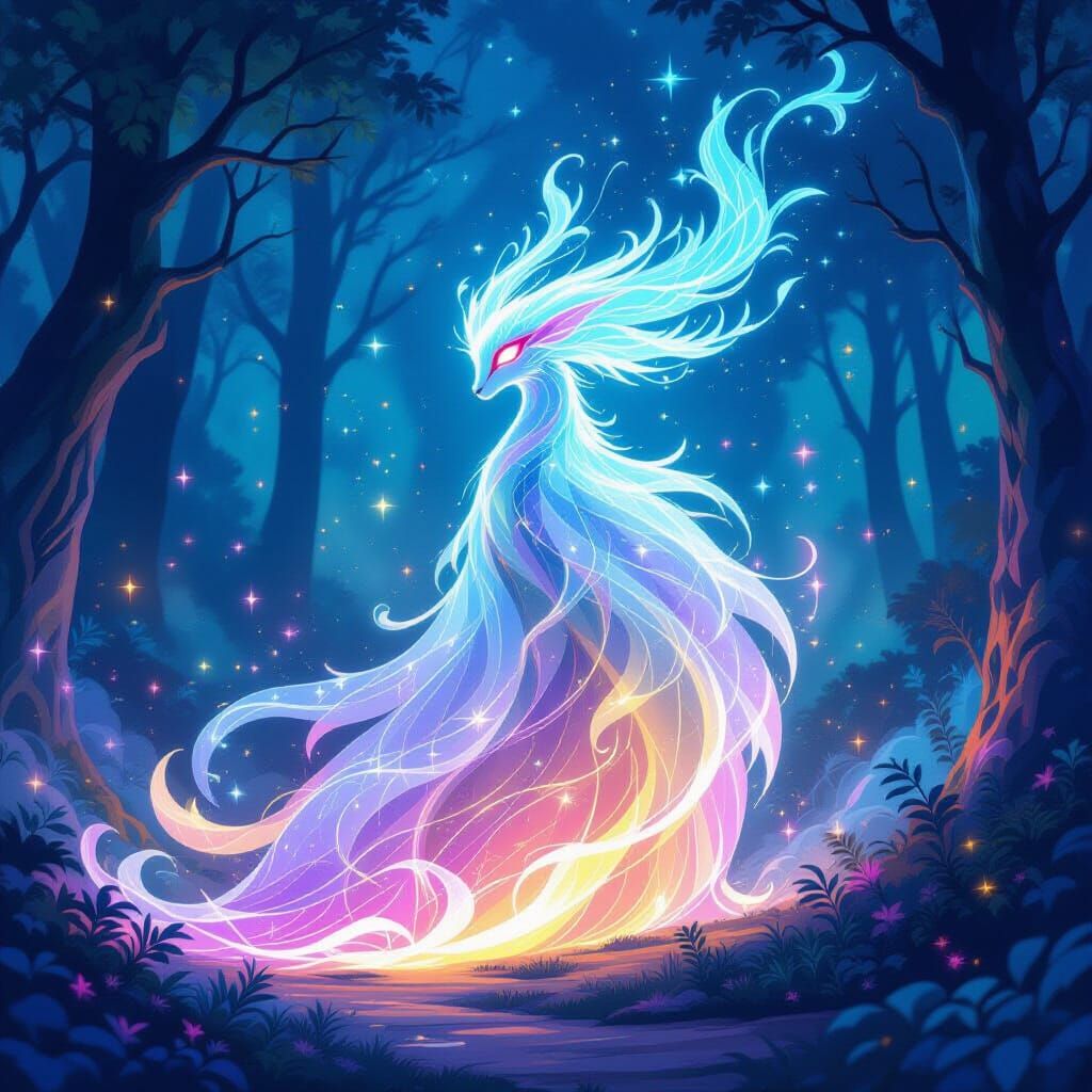 Ethereal Magic Creature Transforming in Bioluminescent Light
