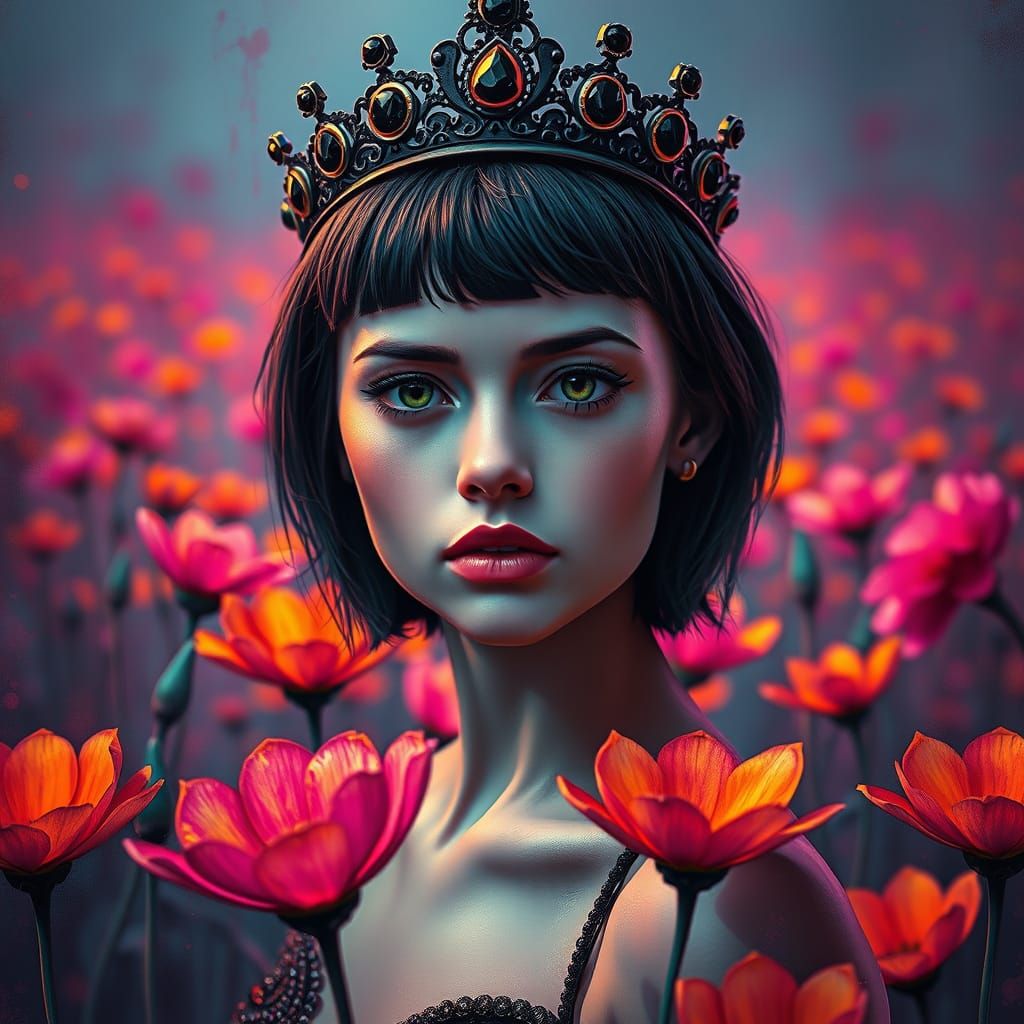 Dejected Neon Princess Portrait in Darkwave Style