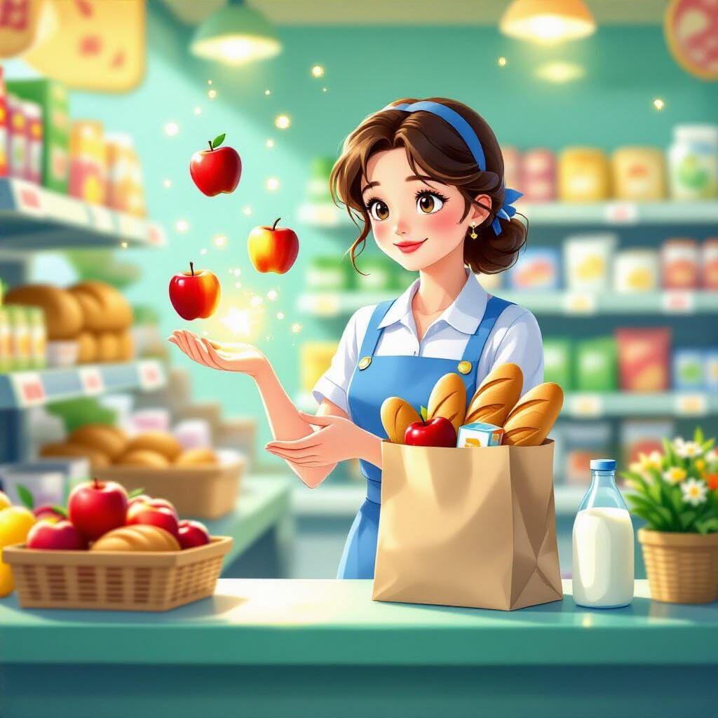 Magical Cashier Levitating Groceries in Pastel Dreamscape