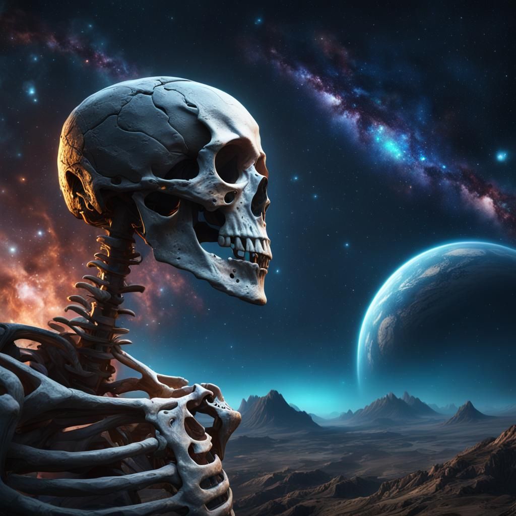 Ethereal Skeleton Head Amidst Galaxy, Digital Art