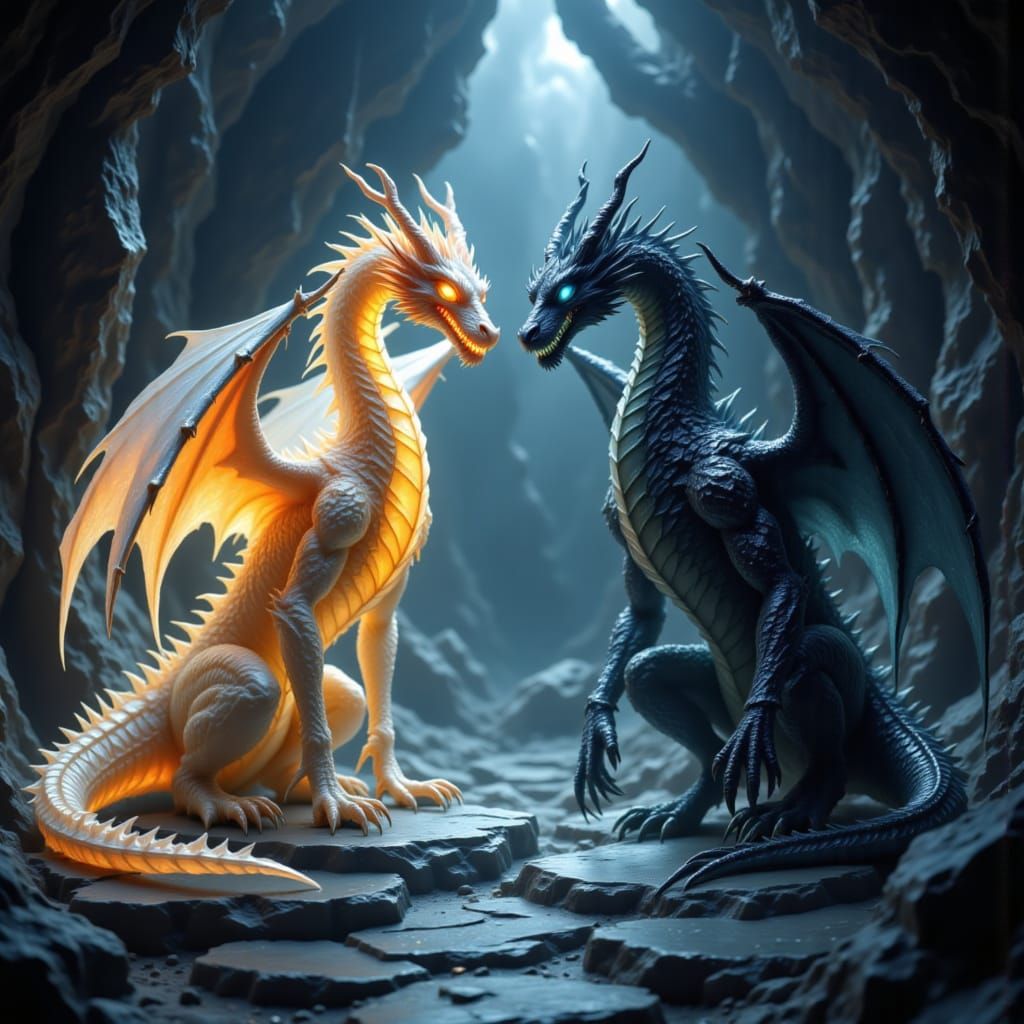 Rainbow Moonstone and Obsidian Dragon Statues in Chamber