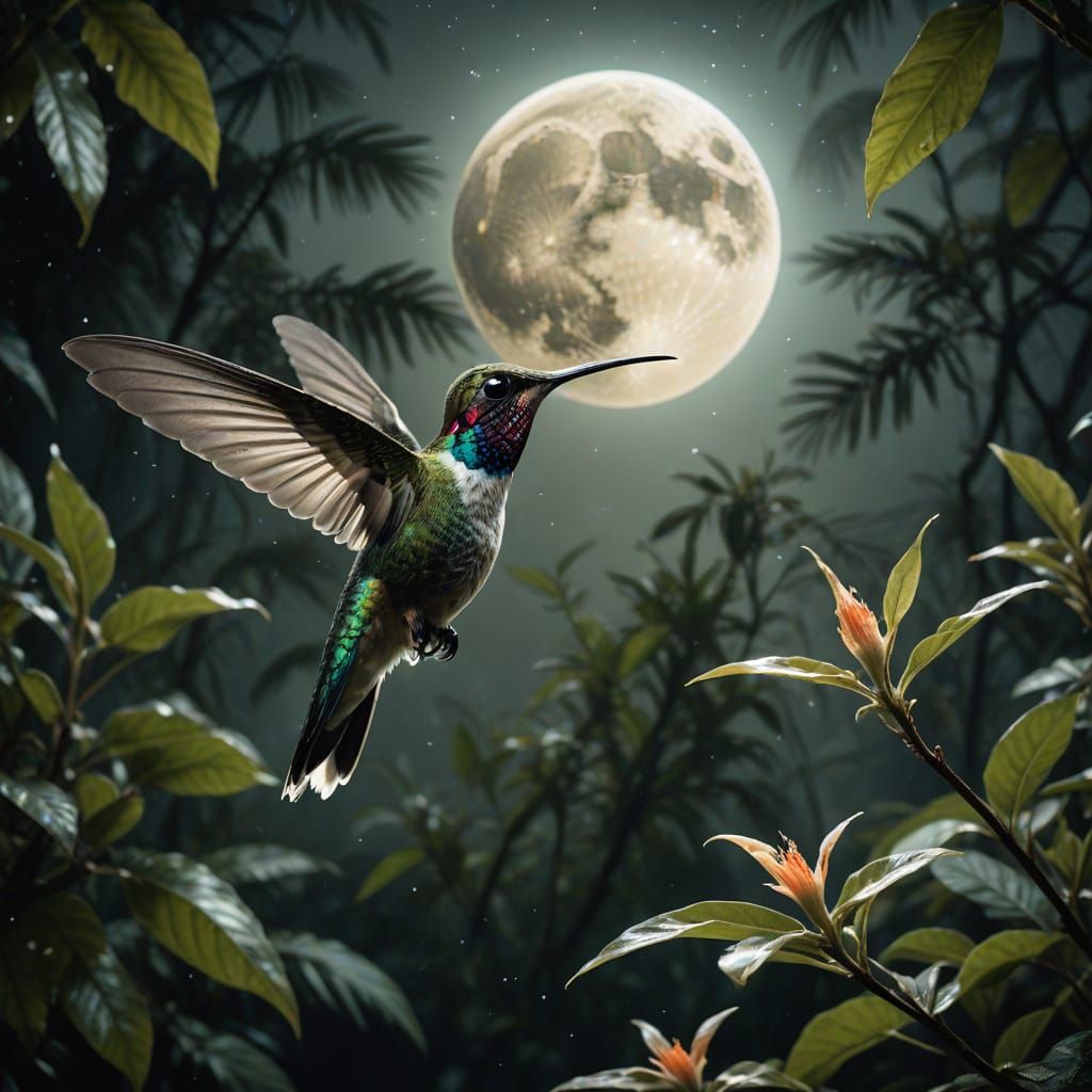 Hummingbird Silhouetted Against Giant Moon, Ansel Adams Styl...