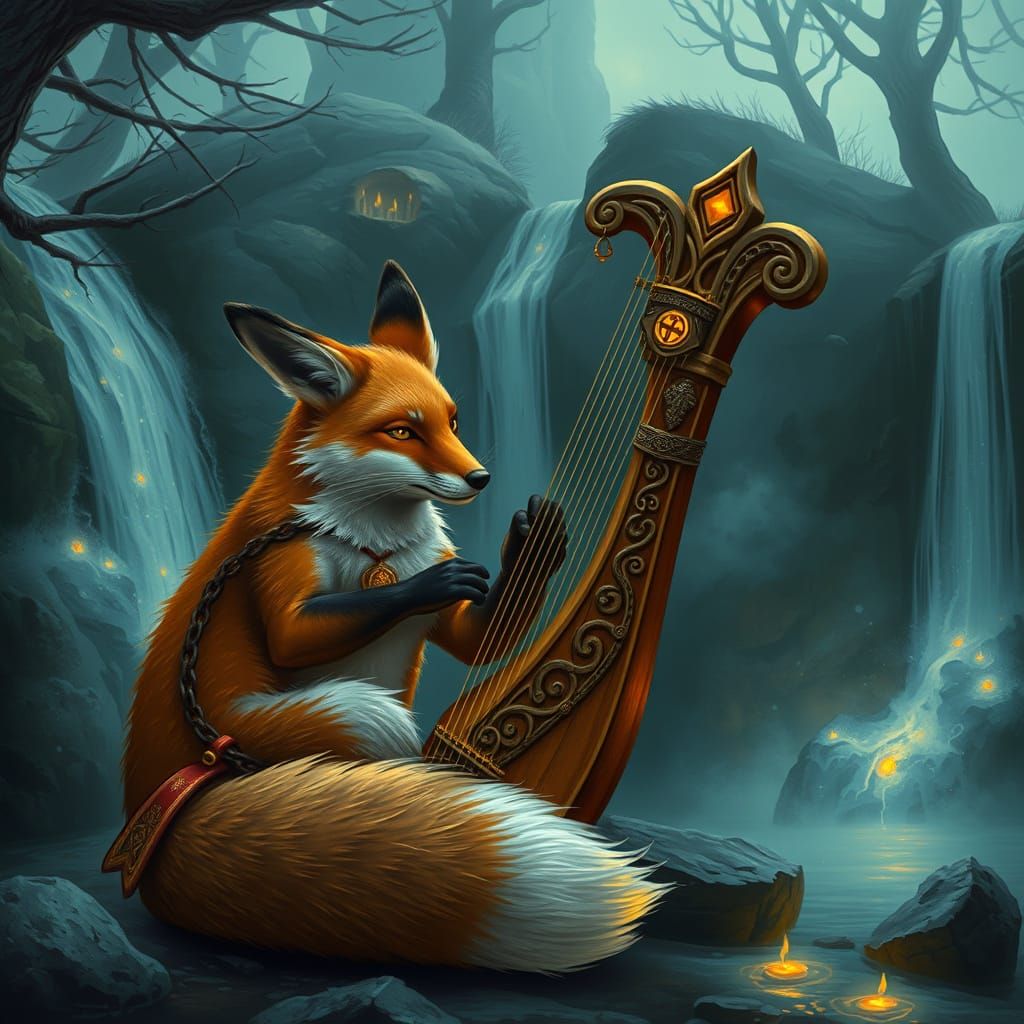 Mysterious Fox Plays Harp in Celtic Forest