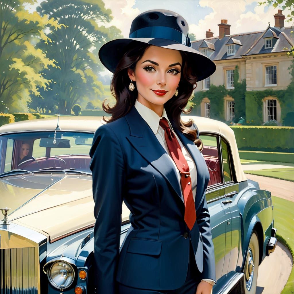 Elegant Woman with Rolls Royce: Impressionistic Oil Painting