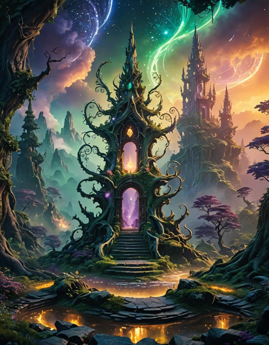 Mystical Forest Portal Connecting Worlds in Fantasy Art