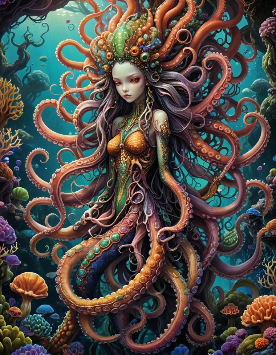 Octopus Mermaid in Psychedelic Expressionist Style