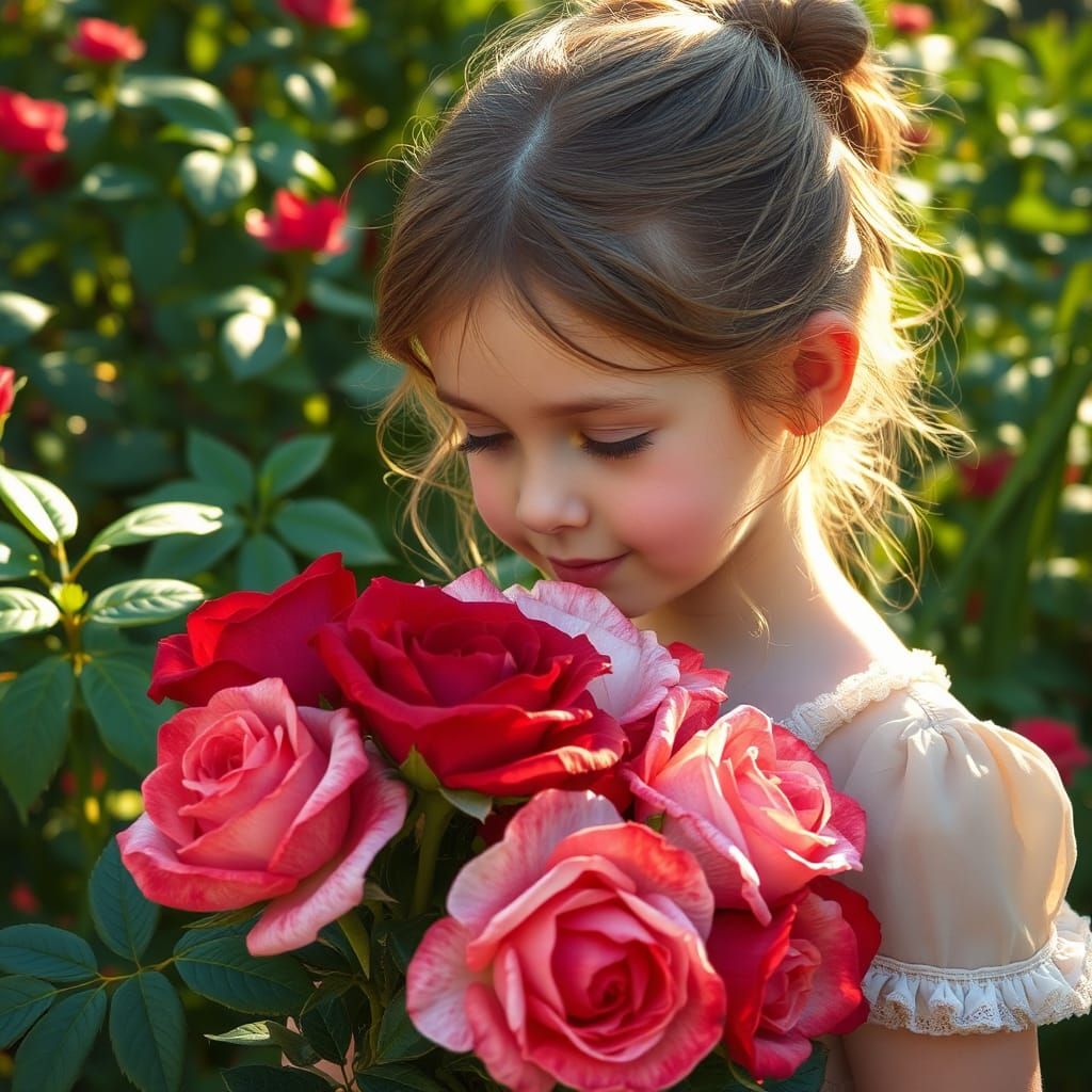 Girl Smelling Roses in Pre-Raphaelite Style