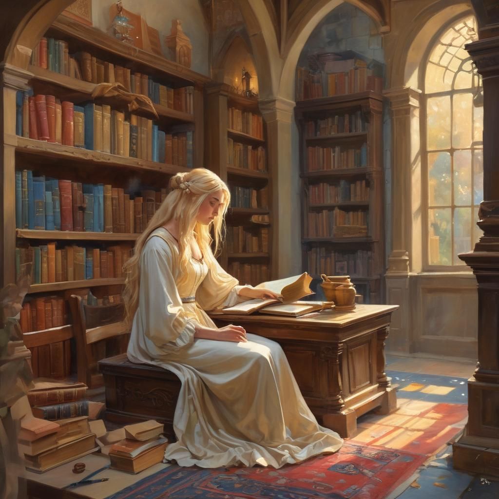 Medieval Woman in Library: Ethereal Gouache Fantasy