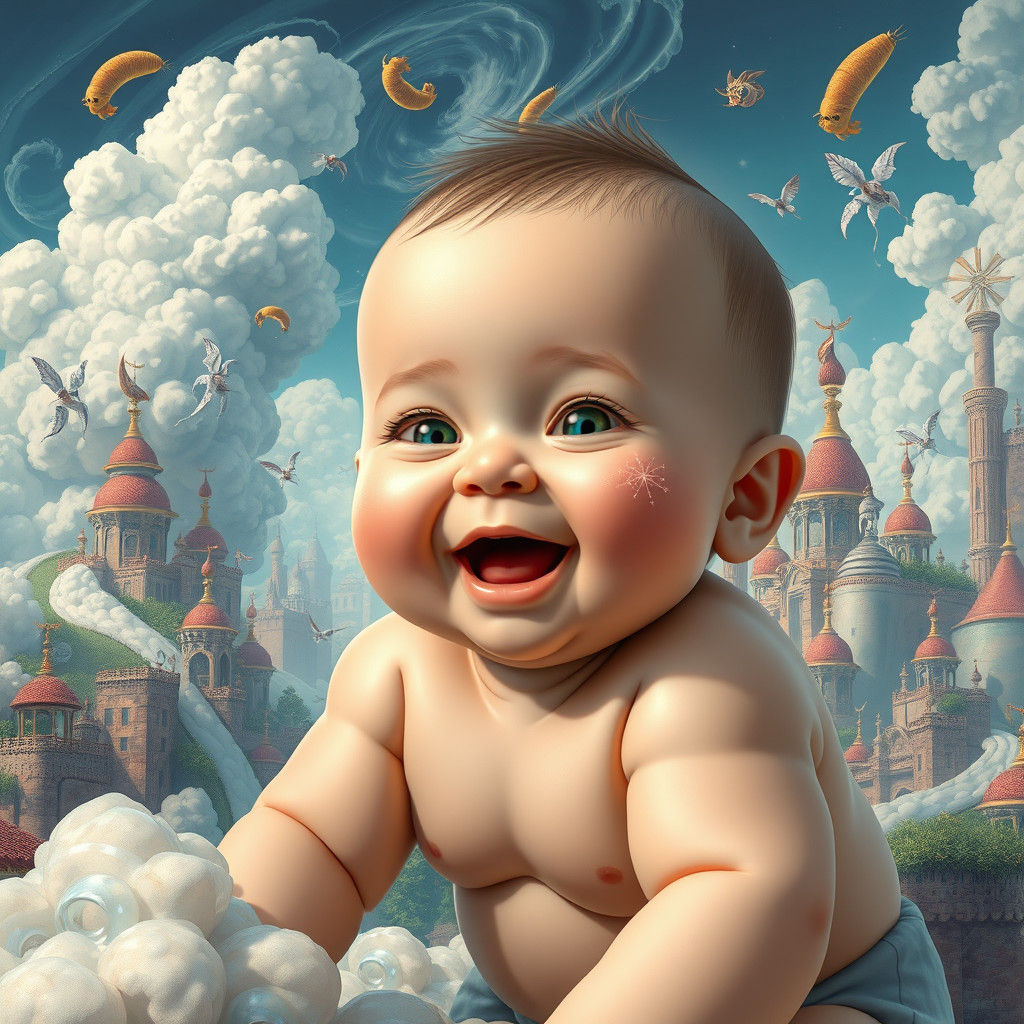 Baby in Dreamlike Landscape, Matte Painting Style