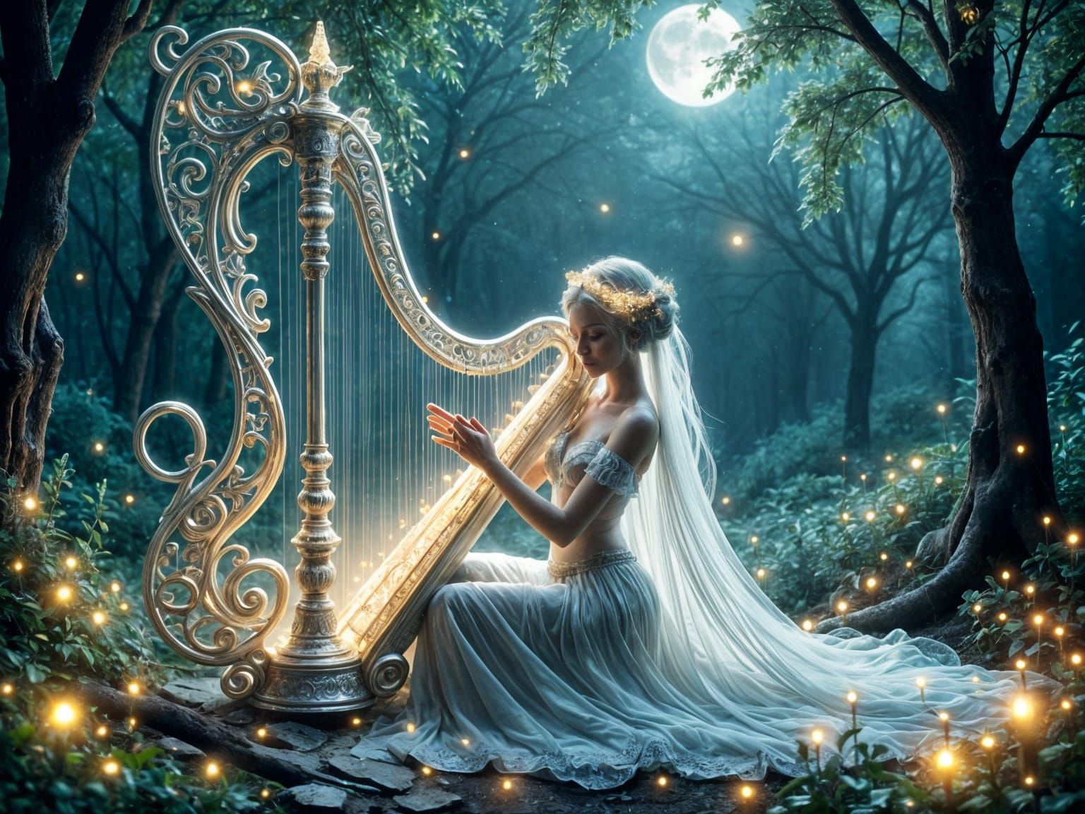 Ethereal Elven Harpist Playing Crystal Harp in Forest