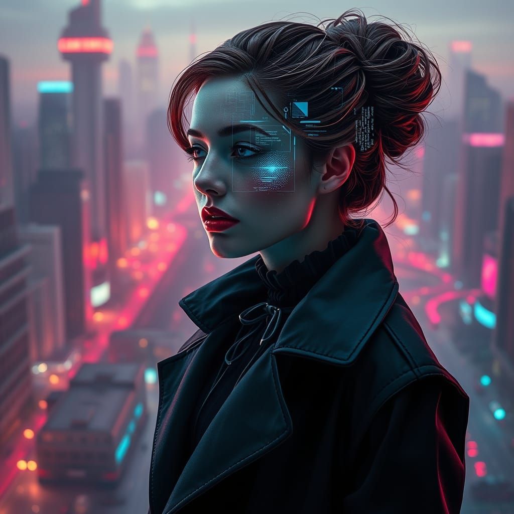 Cyberpunk Woman in Neon Cityscape